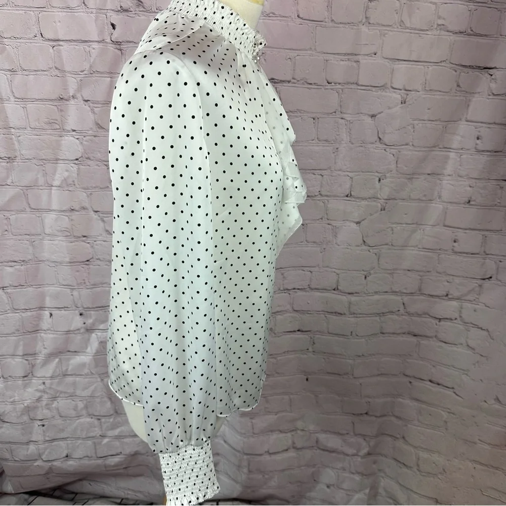 White House Black Market Puff Sleeve Blouse with Tie Front sz 8 ruffle sheer - Picture 2 of 10